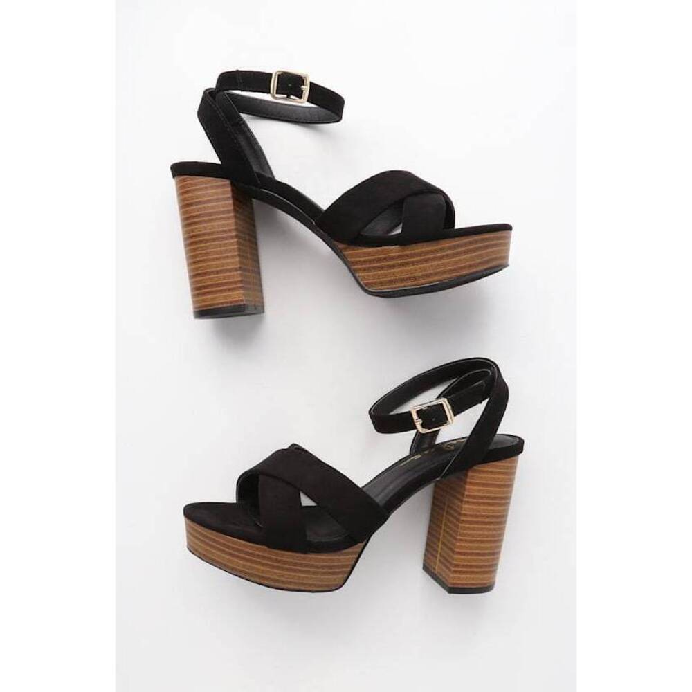 Lulus Shae Black Suede Platform Ankle Strap Heels - Size 8